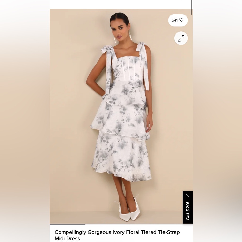 Compellingly Gorgeous Ivory Floral Tiered Tie-Strap Midi Dress size S